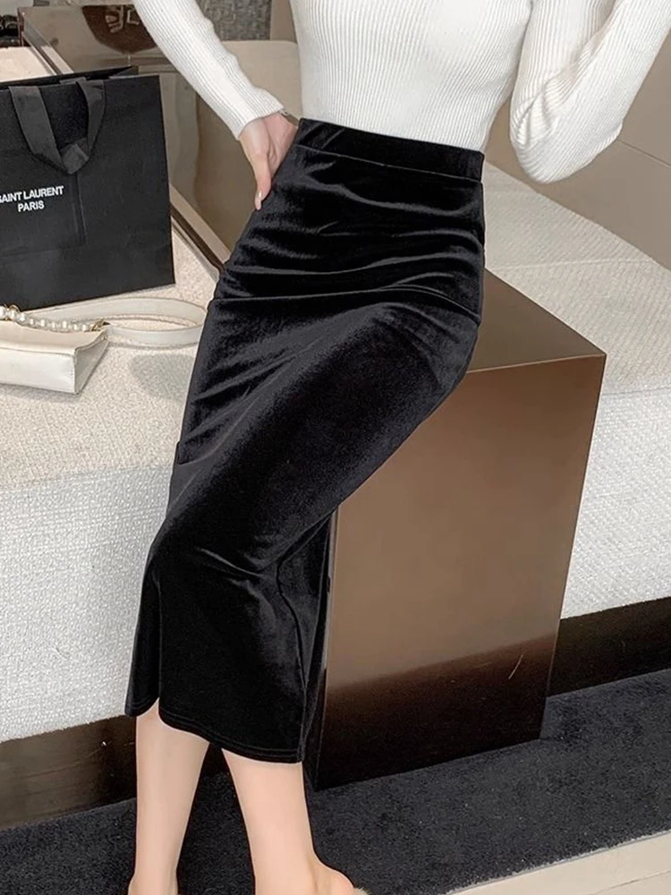 우아한 벨벳 블랙 롱 스커트 여성 가을 ??겨울 하이 웨스트 Faldas 한국어 Fahion 의류 Office Ladies Bodycon 미디 스커트