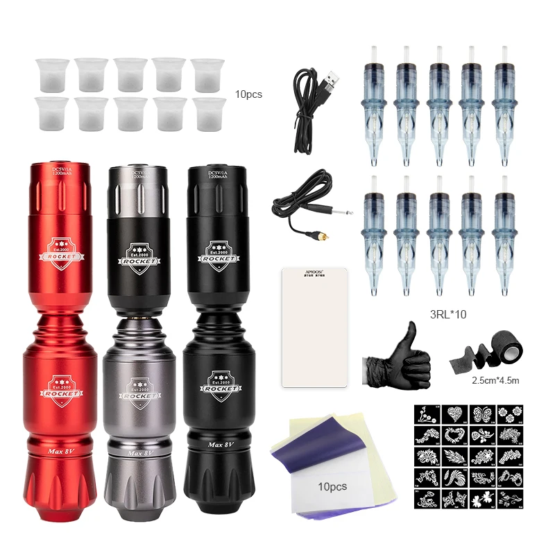 Mini Rocket Tattoo Machine Set Con 1Pc Wireless Tattoo Power Supply Interfaccia Rca Batterie Per Tatuaggi Rocket Rotary Tattoo Pen Kit