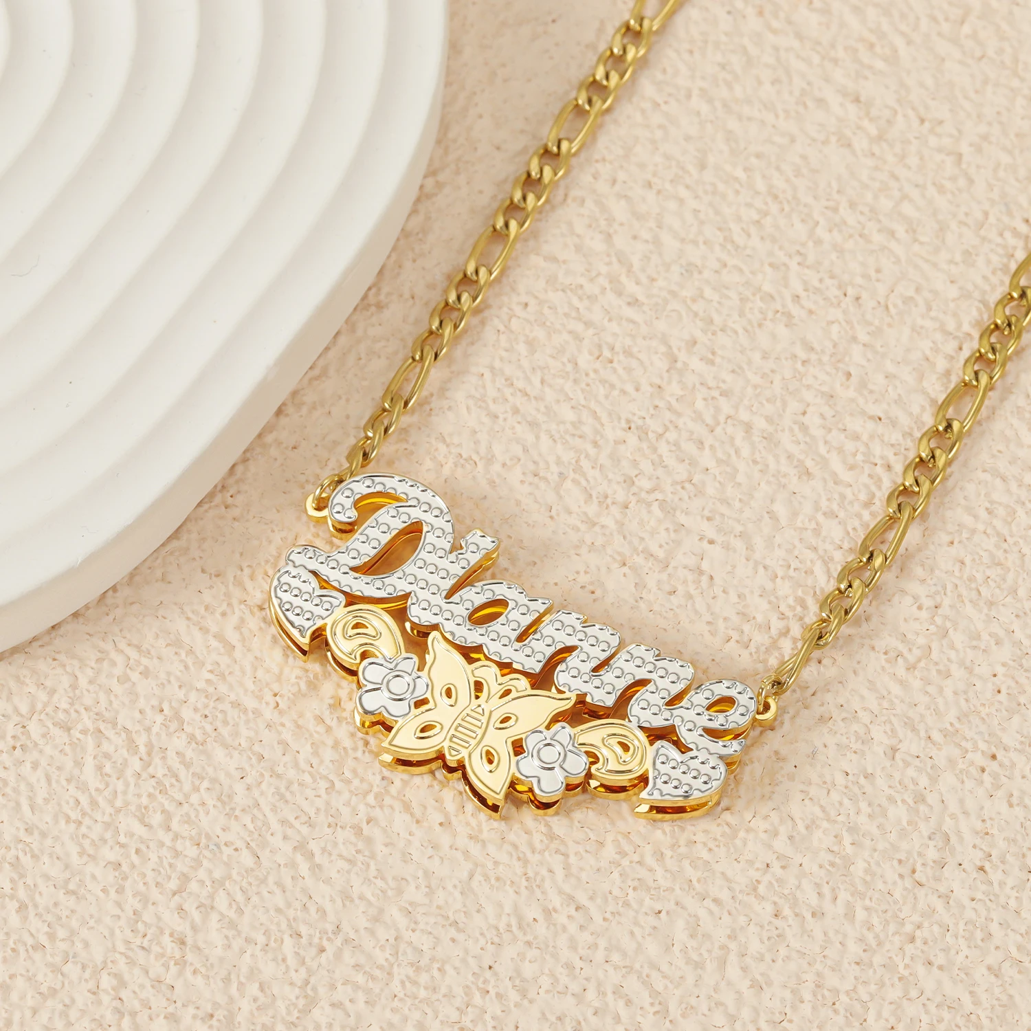Customized Necklace Double Layer Two Tone With Butterfly Flower And Heart Personalized Custom Name Necklace For Women Jewelry