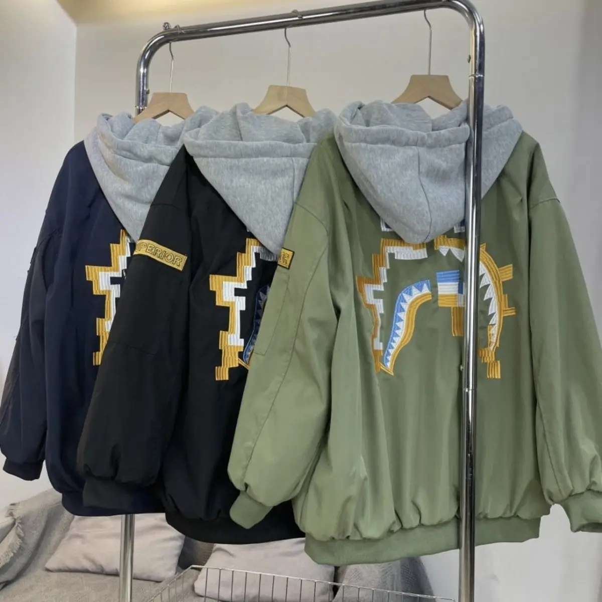 Embroidered Shark Baseball Jacket Coat Men's and Women's Loose Jacket Cotton Clothing Coat Women  Winter Coat Trench Coats