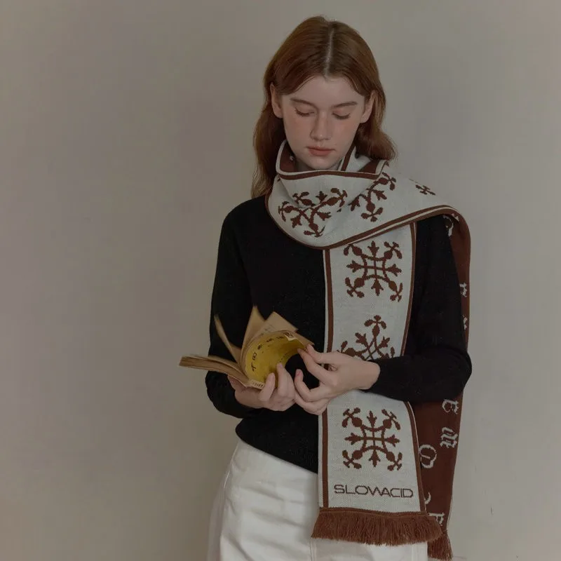 Kingly Crow Crane Winter Vintage Snowflake Letter Tassel Double-Sided Fashionable Warm Neck Warmer Korean Style Scarf - Image 4