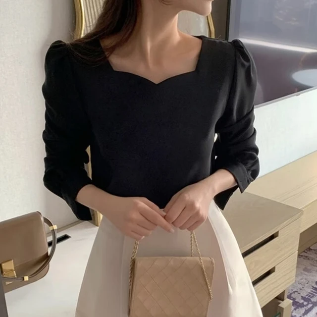 Korean Style Chic Puff Long Sleeve Blouse Temperament Simple Square Collar Tops Versatile Pullover Soft Solid Color Shirt Blusas 5