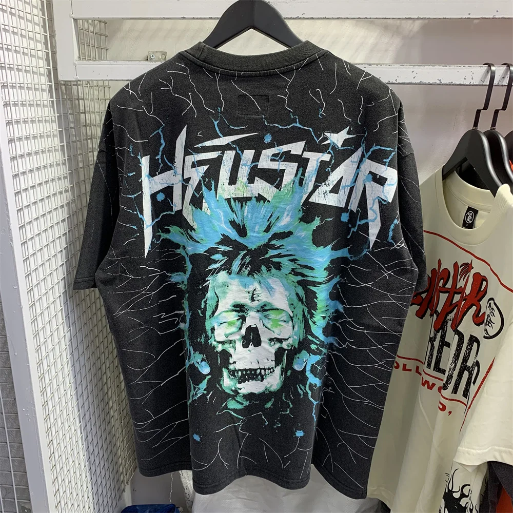 

Hellstar New Skull Head Printed Washed Old High Street Pure Cotton Loose Men's And Women's Short sleeved T-shirt