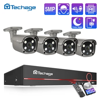 Techage POE NVR 키트 CCTV 시스템, 양방향 오디오, AI IP 카메라, IR 야외 방수 비디오 보안 감시 세트, H.265, 8CH, 5MP