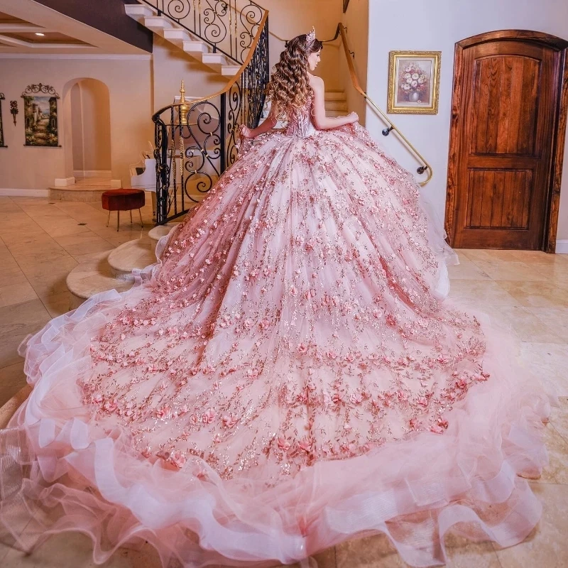 Pink Puffy Princess Quinceanera Dress Off Shoulder 3D Floral Beads Tull Gillter | eBay Pink Puffy Princess Quinceanera Dress Off Shoulder 3D Floral Beads Tull Gillter | eBay