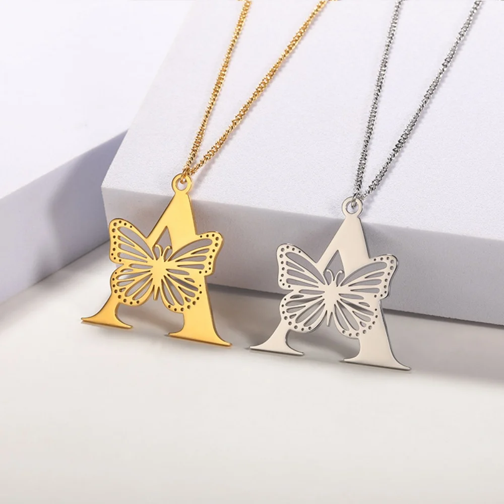 

RoRo New Arrival 18k Gold-Plated Stainless Steel Butterfly Pendant Women's 26 Letter Necklace Hollowed out Butterfly Necklace