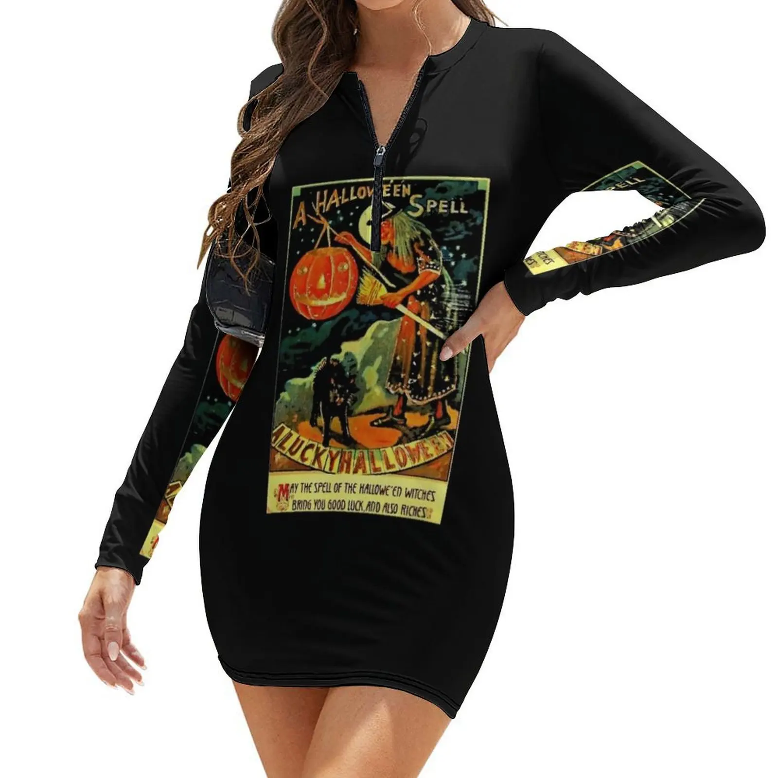 

Vintage Halloween Witch Long-Sleeve Bodycon Dress beach dresses elegant party dress for women 2024 women's evening dress 2024