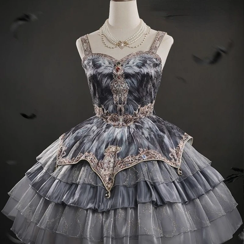 Japanese Victorian Vintage Lolita Halter Dress Women Gothic Style Harajuku Y2k Grey Layered Cake Dresses Girls Kawaii Cute Dress lolita dress lolita cosplay costumes