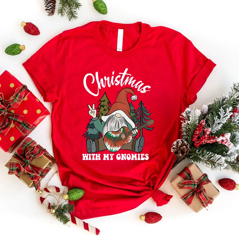 

(Premium T-shirt)Cool Christmas With My Gnomies Print T-Shirts For Women Summer Fashion Casual Short Sleeve Round Neck Tops