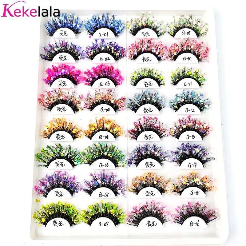 Unique Shining Colored Eyelashes Gold Pink Green Glitter Colorful False Eye Lashes Dramatic Halloween Party Rainbow Cilias