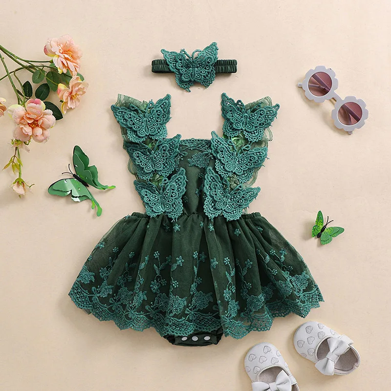 Infant Baby Girls Princess Rompers Dress Lace Butterfly Fly Sleeve Mesh Skirt Hem Jumpsuits with Headband Birthday Party Outfit 2