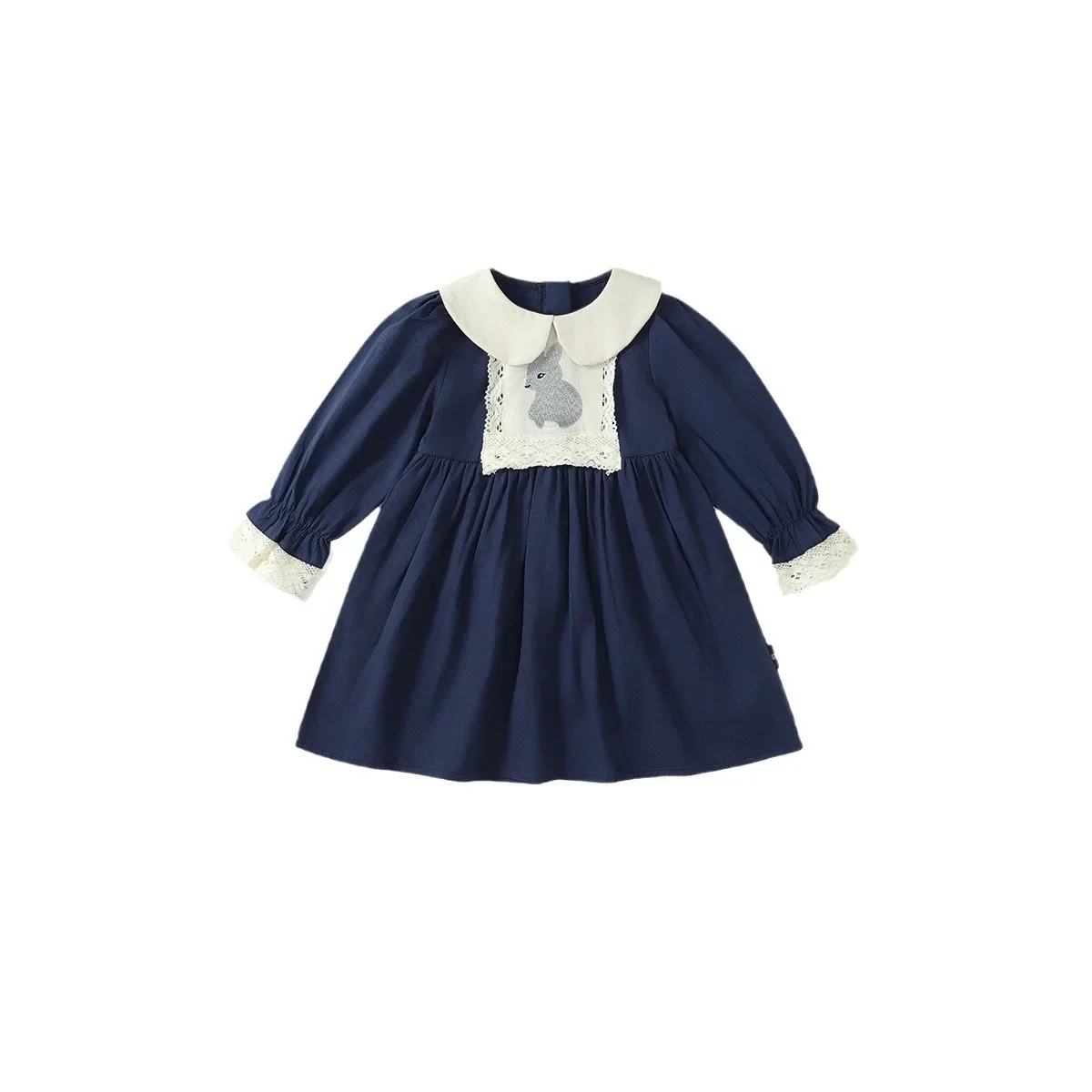 Girls Doll Collar Rabbit Embroidered Dress Autumn Korean Version Long-Sleeved Navy Blue Lapel Princess Dress
