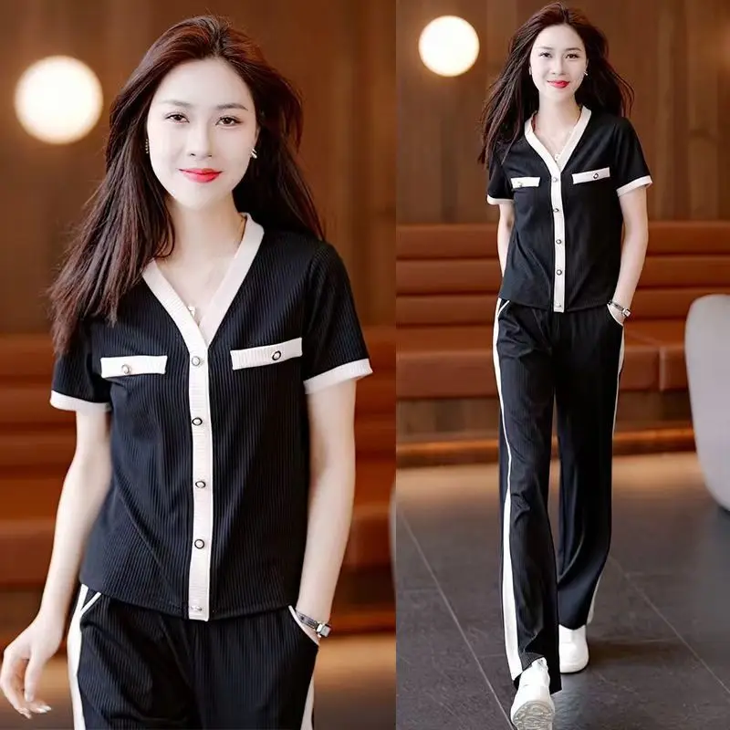 Ice Silk Casual Sports Set Women's Summer New Western Style Small Fragrant Wind Fashionable Wide Leg Pants Two Piece Set