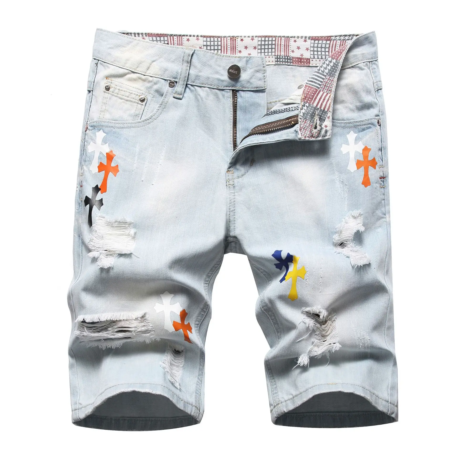 Summer Cross Embroidered Denim Shorts Men Light Blue Pants Holes Splash Ink Printed Straight Trendy Cotton High Street 2024 New