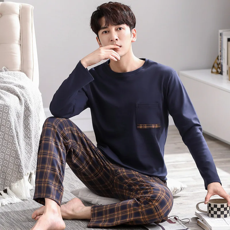 L-4XL Man Pajama Set Spring Autumn New Cotton Long Sleeve Sleepwear for Man Big Size Pullover Homewear Minimalist Boy Loungewear