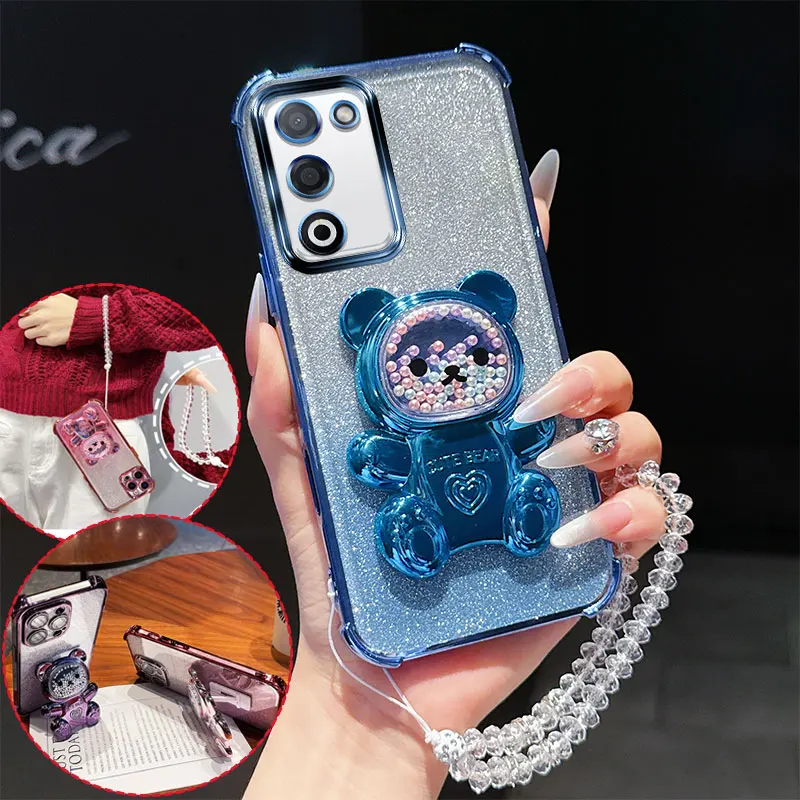 Shockproof Phone Case with 3D Bear Stand & Glitter Chain Lanyard