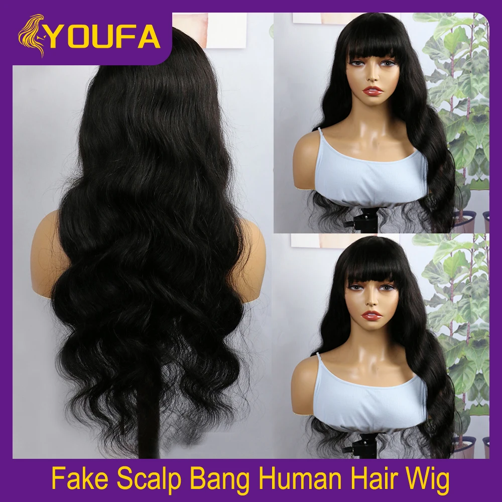 PU Scalp Human Hair Wigs With Bangs Easy to Wear 3x1 Realistic