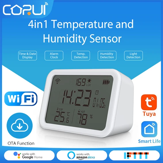 

CORUI Tuya Wifi Temperature Sensor Smart Humidity Sensor Indoor Illumination+time And Date 4 In1 Sensor Alexa Google Wizard