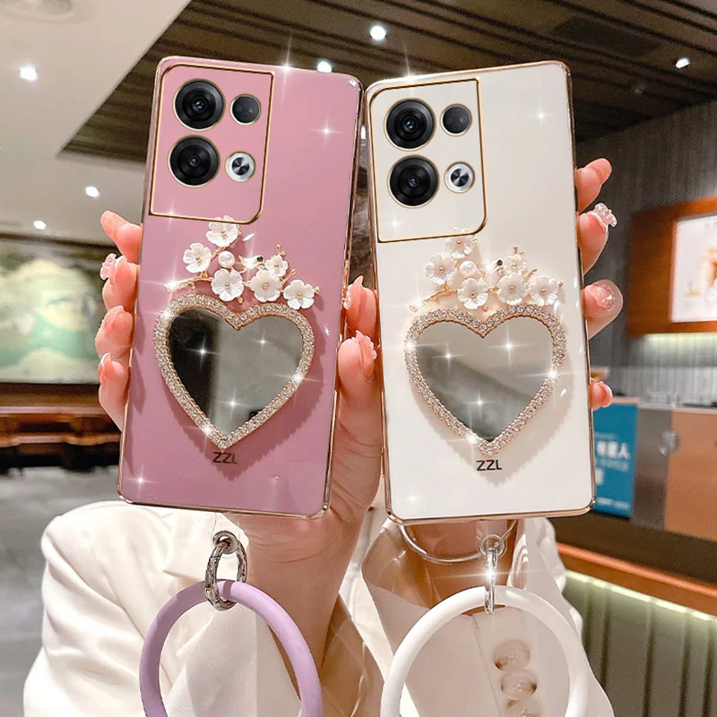 

Luxury Bling Diamond Heart Mirror Case For Infinix Note 30Pro 4G Hot11 11S 10 10S 12i 12 30i 20S Play Plum Flower Bracelet Cover