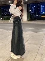 Elegant Hong Kong Style High Waist Raw Hem Denim Skirt Fashion Vintage A-Line Midi Indie Design Comfortable Long Denim Skirt - Image 4