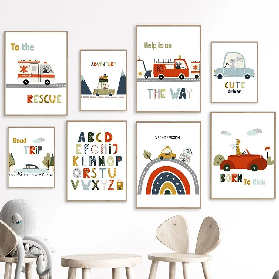 

Giraffe Fox Raccoon Rabbit Rainbow Car Alphabet Wall Art Nordic Posters Pictures Kids Room Decor Cartoon Canvas Prints Painting