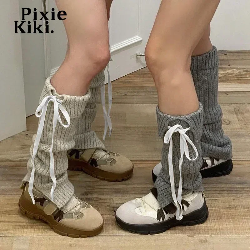 

PixieKiki Kawaii Girls Bow Tie Knitted Leg Warmers Women Y2k Winter Warm Stacked Long Socks Harajuku Lolita Clothings P84-BI16