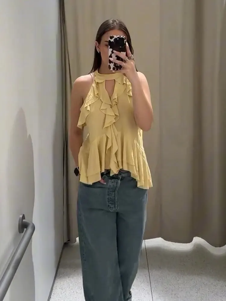 HH Women Elegant Yellow Ruffle Halter Tops Off Shoulder Sleeveless Back Lace-up Vests Tops 2025 Summer Casual Holiday Wear