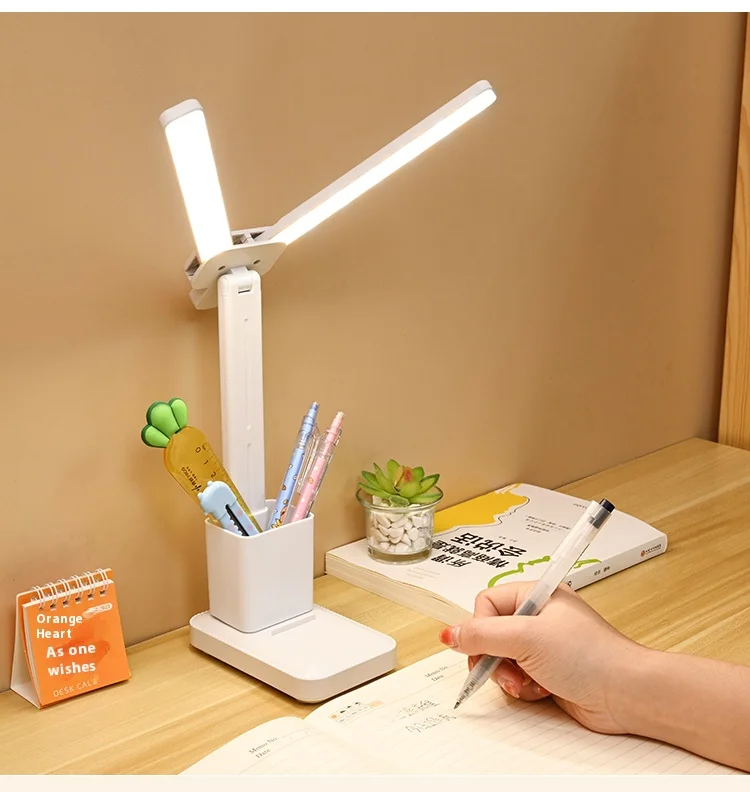 LED double-head desk lamp, 3-level dimmable touch night light, USB rechargeable, eye-protection, foldable bedside reading desk