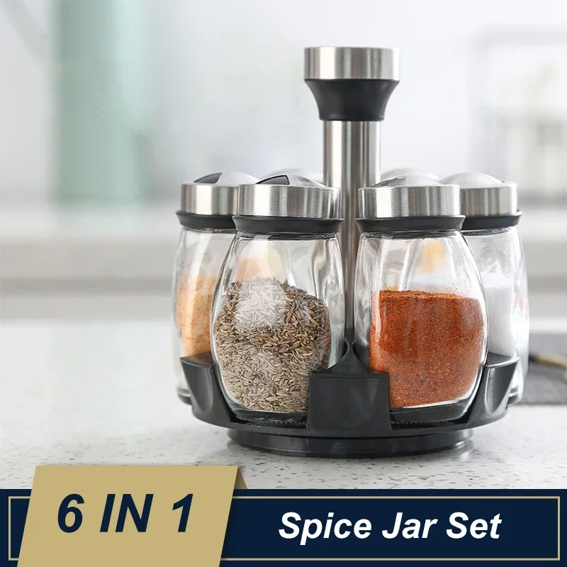 1/7pcs Spice Jar Set Rack Glass Organizer Rotating Glass Seasoning Sugar Pepper Bottles Salt Shakers Holder Kitchen Storage Rack