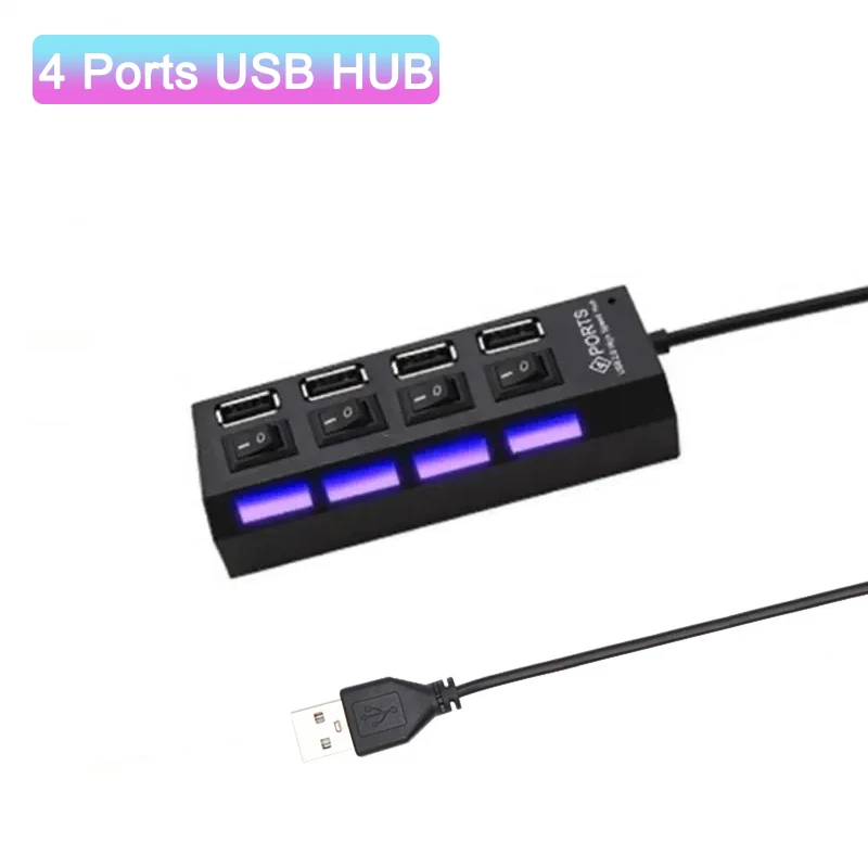 4 Ports USB HUB 2.0 Adapter Expander 4 In 1 Multi USB Splitter Multiple Extender with LED Lamp Switch for PC Laptops