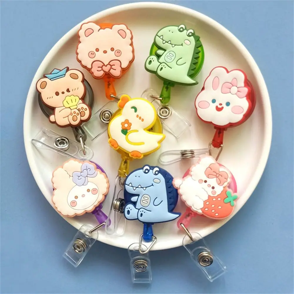 Cartoon Animals Nurse Badge Reel Dinosaur Bear Rabbit Easy Pull Buckle ID Card Name Tag Retractable Badge Holder