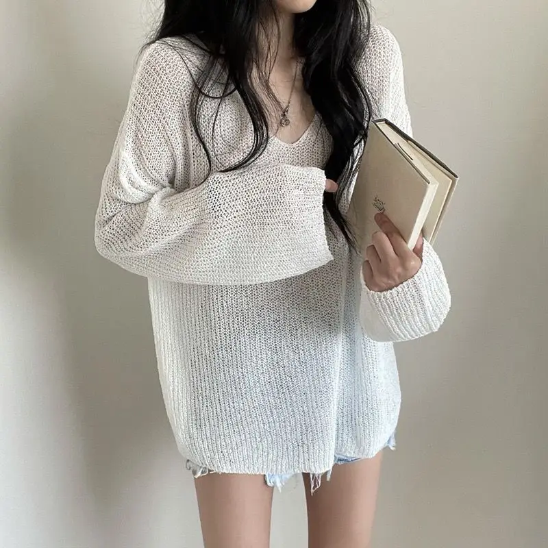 

Yasuk Summer Casual Women's Loose Top Female Gentle Thin Top Knitted Pullover Blouse Long Sleeve Sweater Lapel Bandage Plus Size