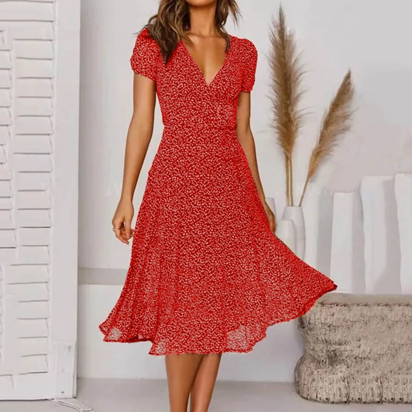

Womens Printed Dress Pants Dress V-Neck Women Print Polka Dot Casual Sleeve Short Women's Dress Mid Dresses for Women Casual