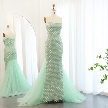 Luxury Crystal Pearls Mermaid Sage Green Evening Dress with Cape Arabic Dubai Elegant Women Wedding Party Gown 431 2