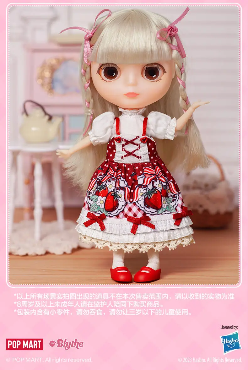 POP MART Blythe Strawberry Dress Movable Doll Small Cloth Doll BJD 