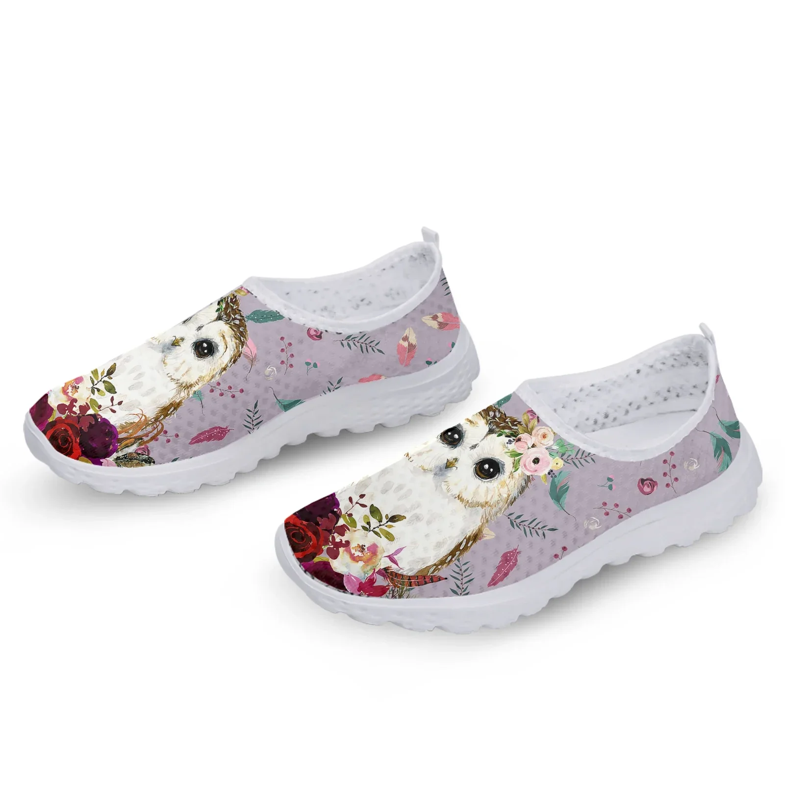 Lavender Cartoon Owl Flower Print Lightweight Flat Loafers Ladies Animal Print Summer Breathable Mesh Shoes Zapatos