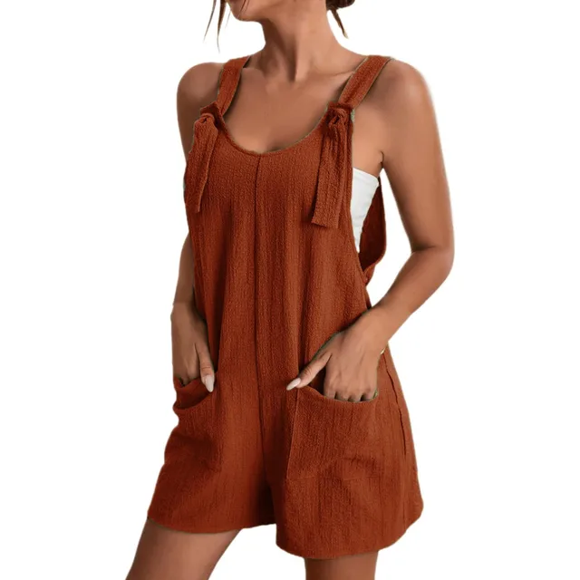 Women Boho Loose Overalls Solid Color Square Collar Playsuits Sleeveless Rompers Summer Casual Clothes Jumpsuit With Pocket 3