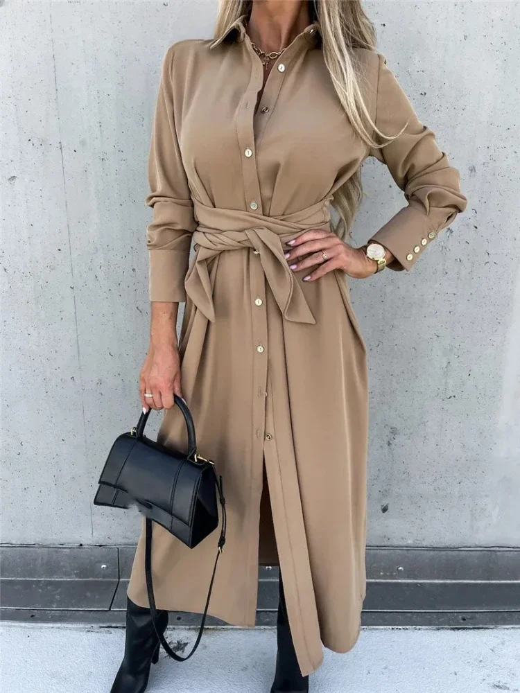 

Autumn Winter Single-breasted Cardigan Lapel Dresses Women Mid Waist Lace-up Dressy Female New Elegant Commuter Long Sleeve Gown