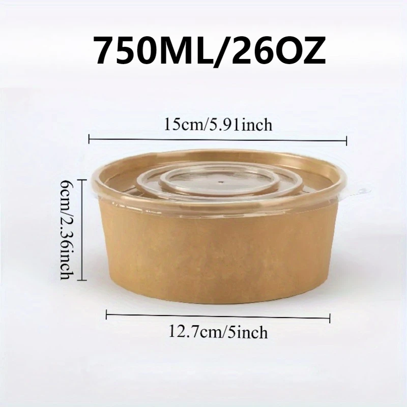 Lancheira descartável com tampas, 10/20 peças, papel kraft, tigela redonda, sopa, salada, macarrão, festa de aniversário, acampamento, cozinha, caixas bento