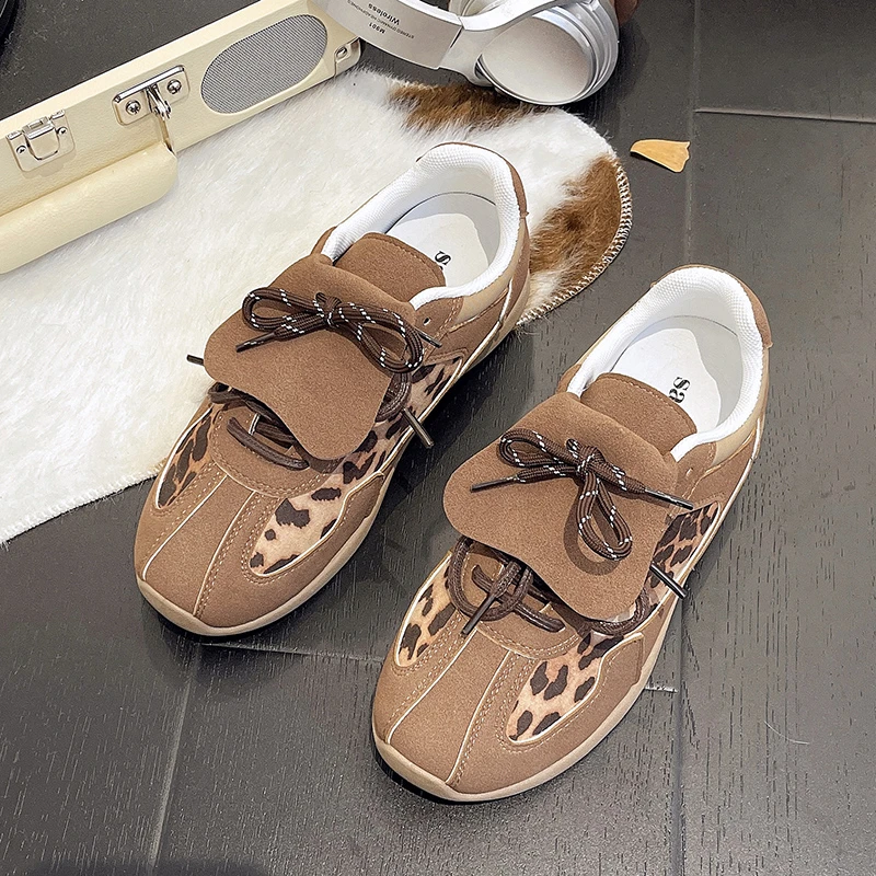 Leopard Brown Vintage Vulcanized Shoes Letter Printed Sports Falts Patchwork Lace-up Streetwear Sneakers Casual Shoes For Women 2