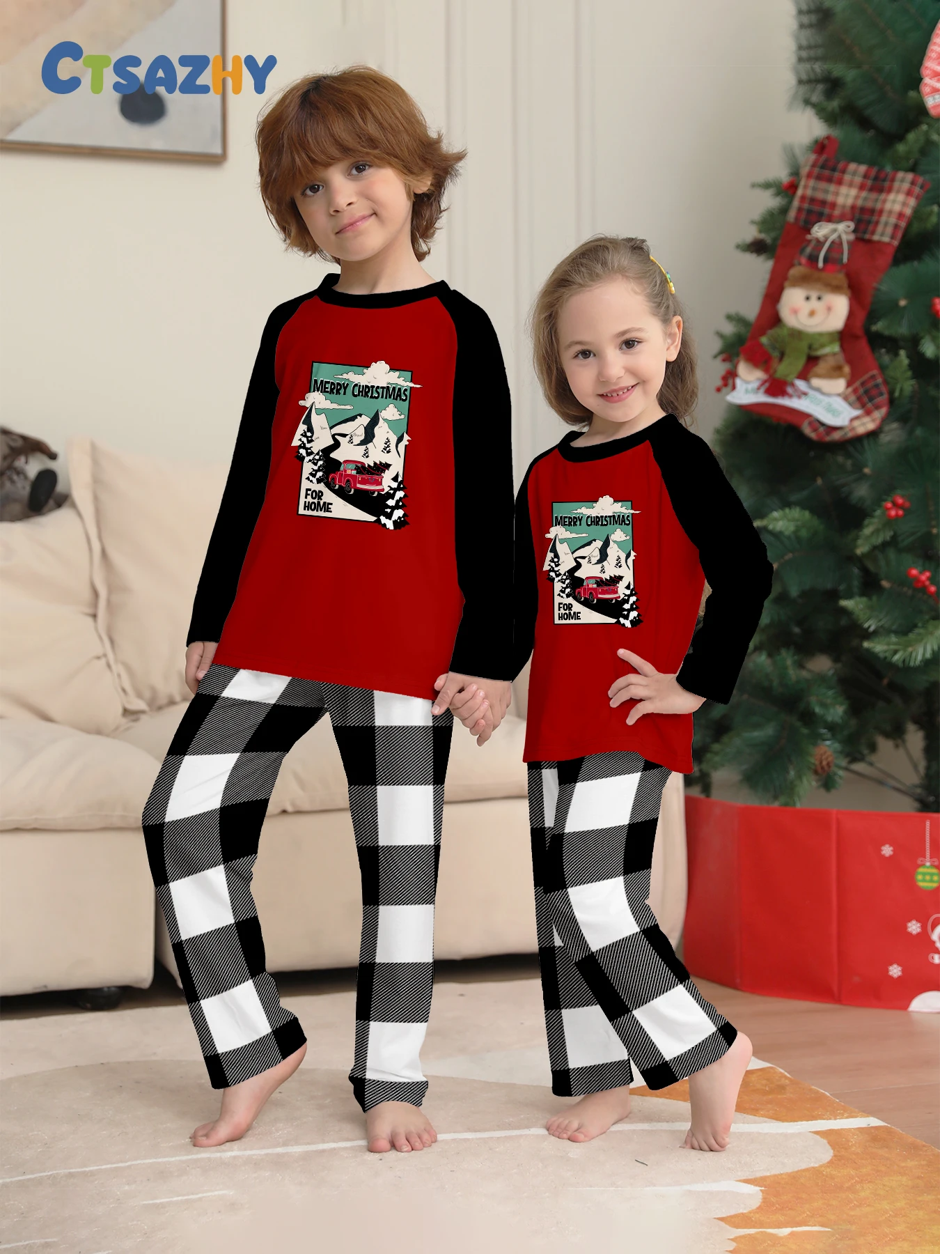 عيد الميلاد الاطفال منامة مجموعة "عيد ميلاد سعيد للمنزل" طباعة راجلان كم أحمر أسود أعلى أسود أبيض منقوشة ملابس خاصة
