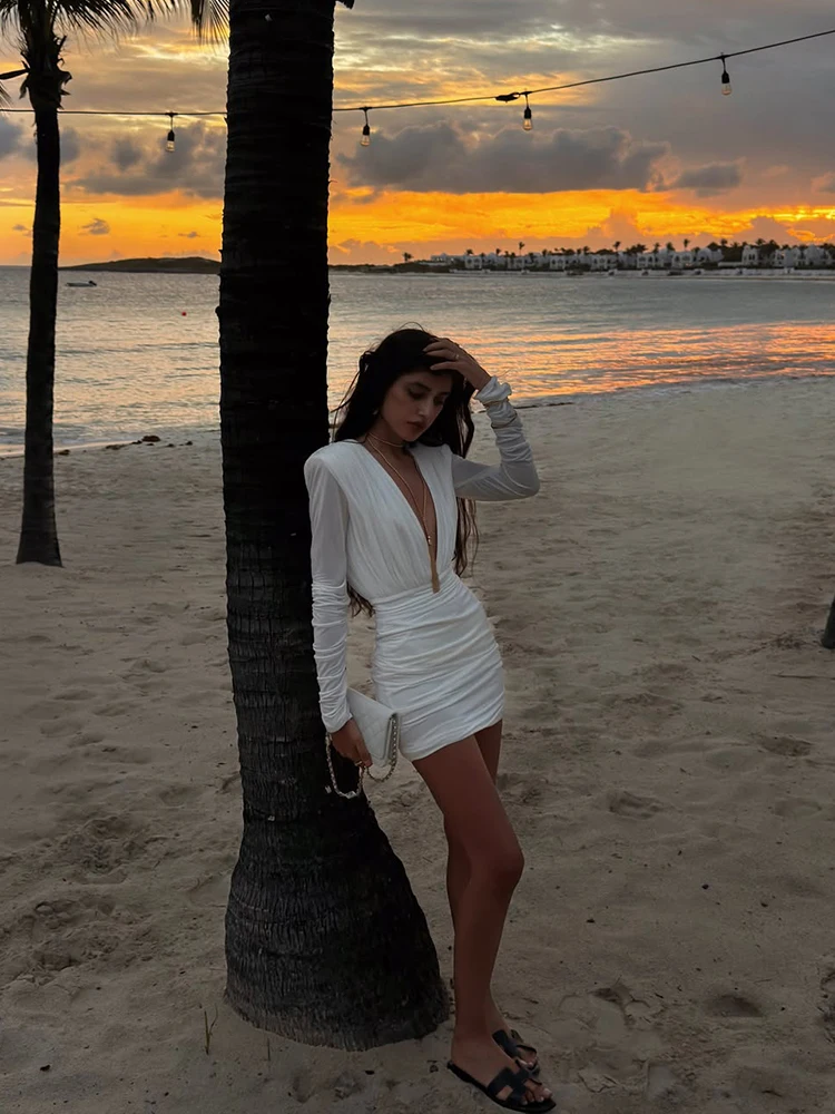 Solid Sheath Women Mini Dresses Sexy Club V-Neck Long Sleeves Vestidos Party Elegant Hot Girl Bodycon Streetwears Slim Outfits