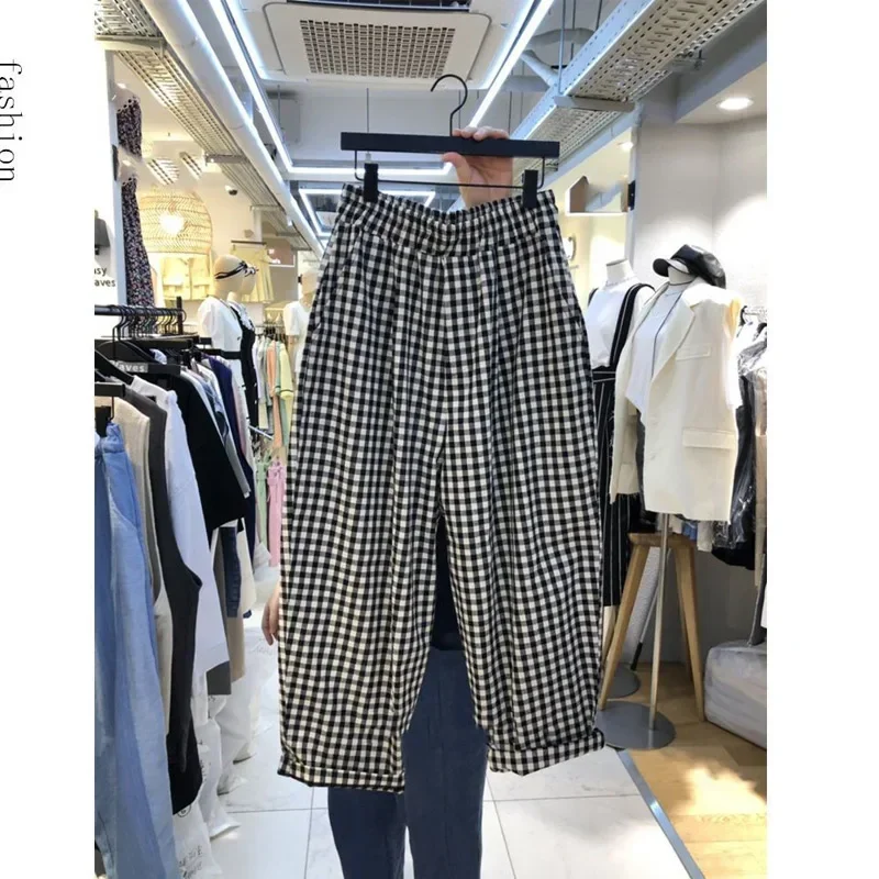 

Summer New Plaid All-match Cropped Pants Elastic Waist Pockets Loose Wide Leg Casual Pant Fashion Vintage Women Clothing Z818