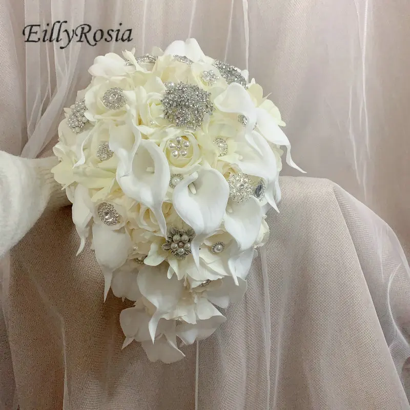 EillyRosia Romantic Cream White Waterfall Bridal Bouquet with Brooch Real Touch Wedding Flowers for Bride