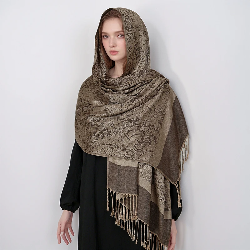 [T003] 1pc Bohemian Fashion Paisley Jacquard Pashmina Scarf Tassel Ladies Hijab Shawl Wrap Winter Suitable For Daily Wear 3