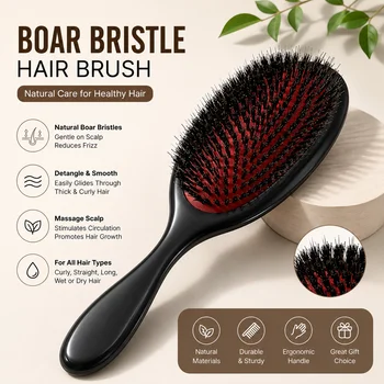 Spazzola per capelli in setole di cinghiale con manico in legno, districante per capelli ricci, spessi, lunghi, bagnati o asciutti, strumento per massaggio del cuoio capelluto e cura dei capelli