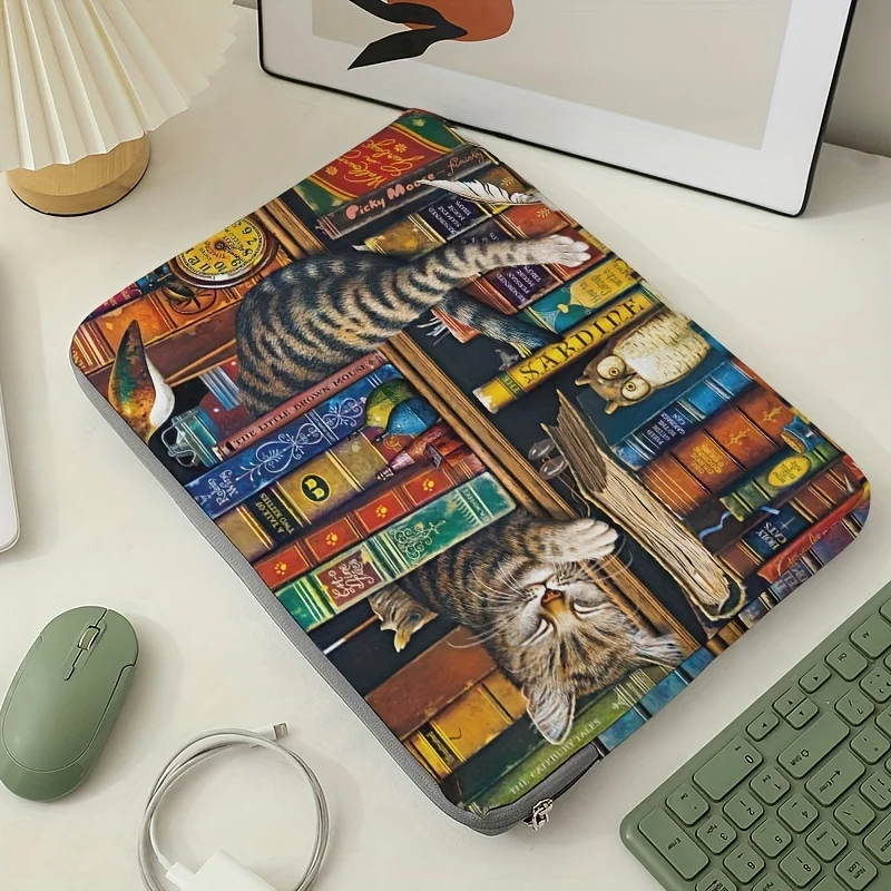 1, cat and bookshelf pattern laptop bag, briefcase, suitable for 15 inch laptops, fixed laptop bag (without handheld)