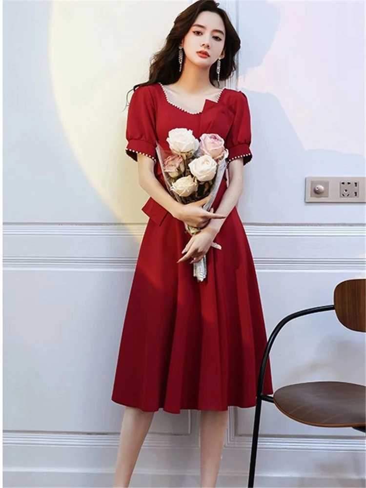 

Solid Color Dress Spring and Summer New Square Collar Nail Beads Short Sleeve Mid-length A-line Skirt Slim Women's Clothing 292