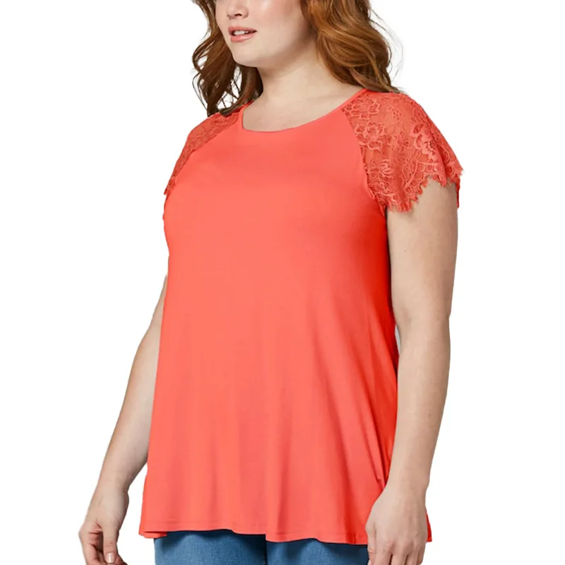 Spring Summer Womens Clothing Round Neck Solid Color Classic Pullover Top Patchwork Lace Short Sleeve Plus Size Casual T-Shirt