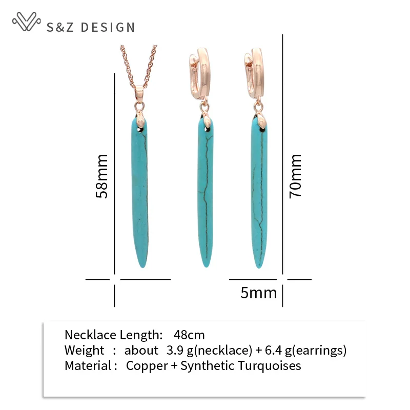 S&Z DESIGN New Vintage Long Synthetic Turquoises Dangle Earrings Jewelry Sets For Women Jewelry 585 Rose Gold Color Pendant